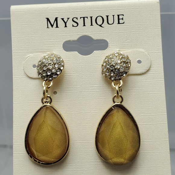 Mystique gold tear drop champagne and rhinestone pierced earring - Picture 2 of 4